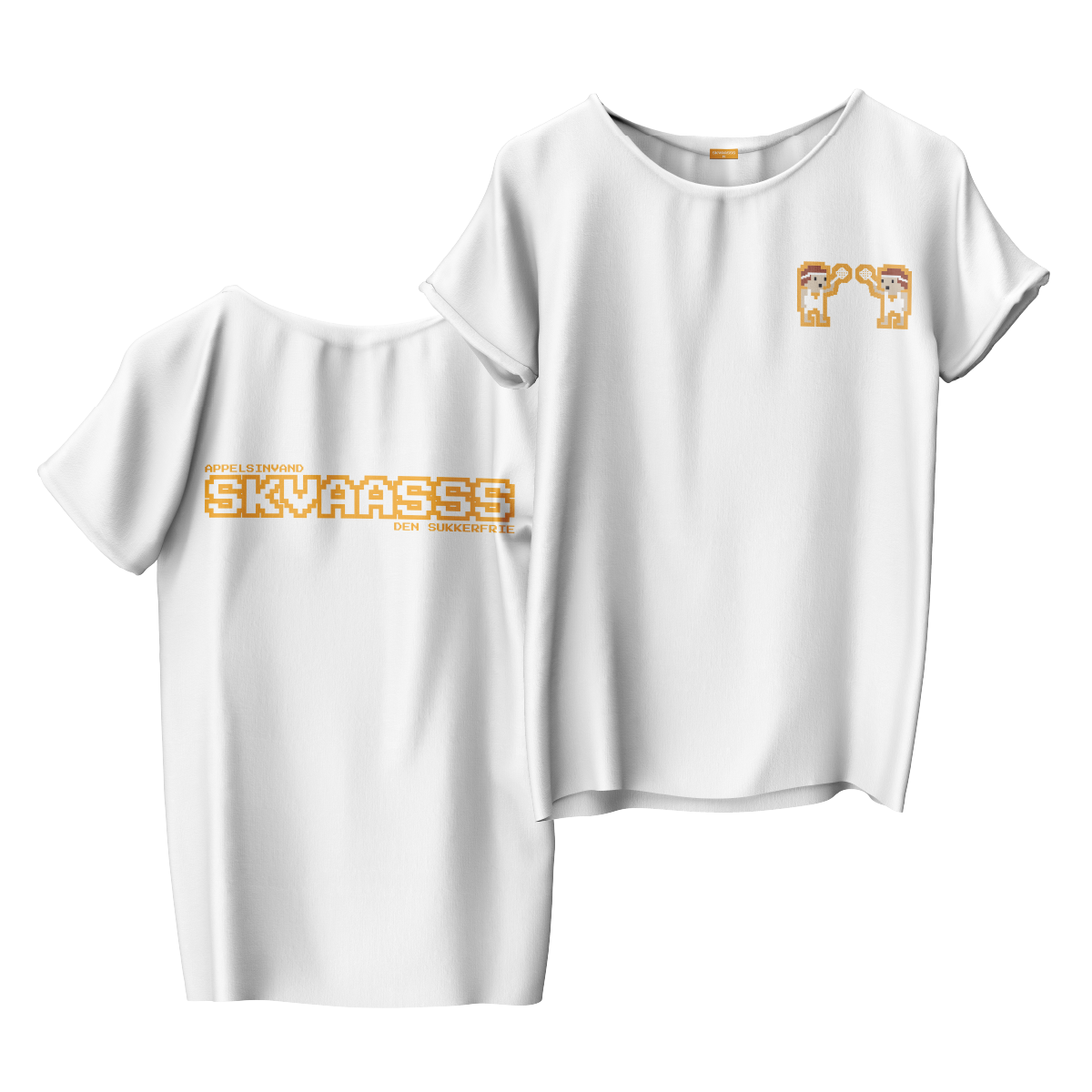 Hvid t-shirt med karakter på brystet og logo på ryggen