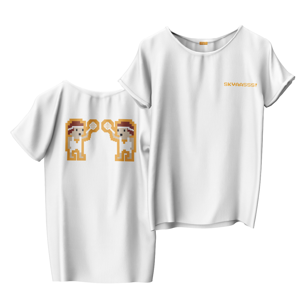 Hvid t-shirt med logo på brystet og karakter på ryggen