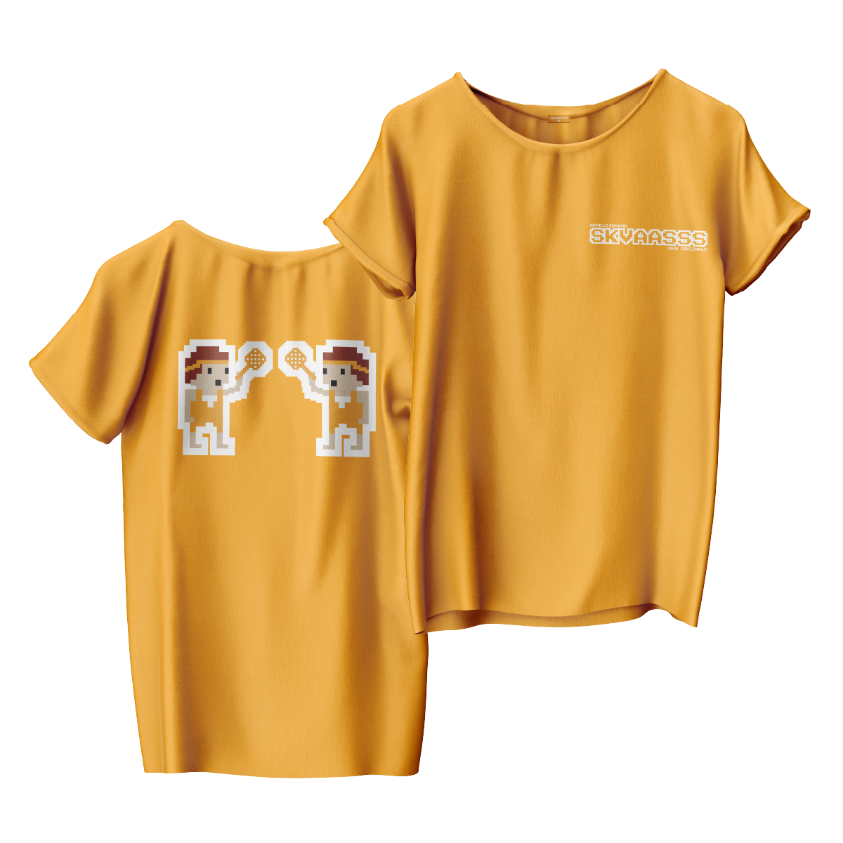 Gul t-shirt med logo på brystet og karakter på ryggen
